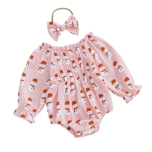 Pink Snowmen Romper & Bow - PREORDER