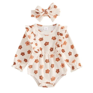 Neutral Kenzie Floral Ruffle Waffle Romper & Bow - PREORDER