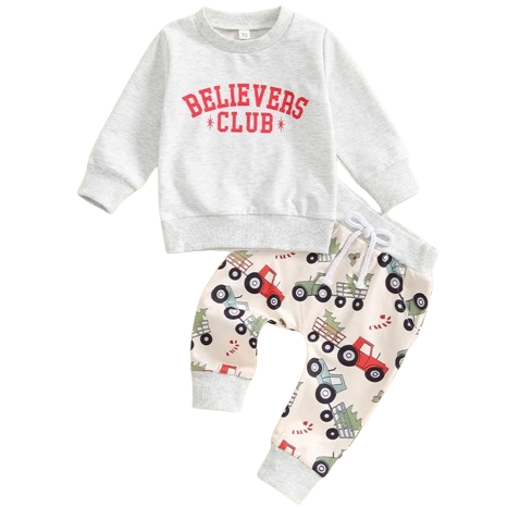 Believers Club Christmas Tree Trucks Jogger Outfit - PREORDER