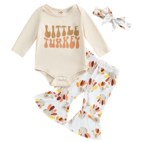 Little Colorful Turkeys Bells Outfit & Bow - PREORDER