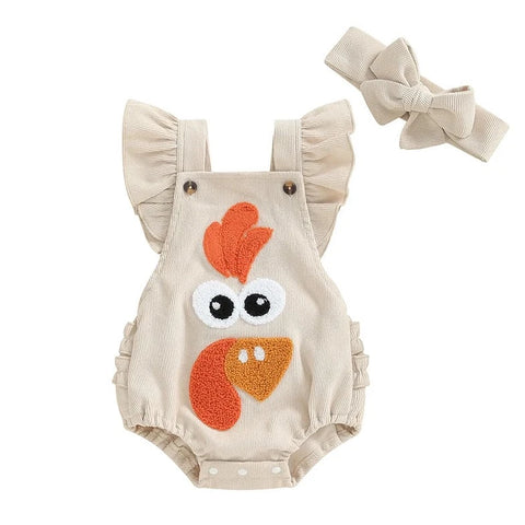 Little Turkey Ruffles Waffle Romper & Bow - PREORDER