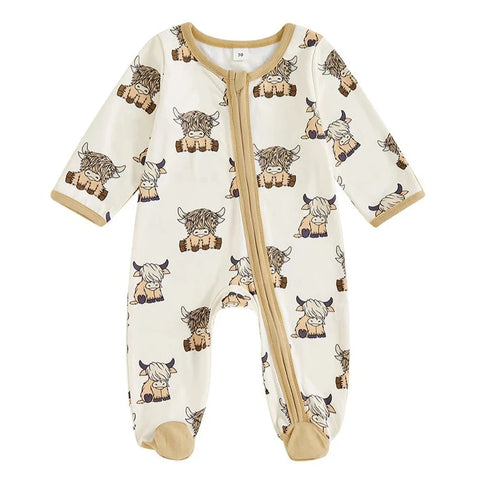 Highland Cows Zipper Footie Romper & Bow - PREORDER