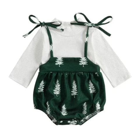 Pine Trees Tie Waffle Romper Outfit & Bow - PREORDER