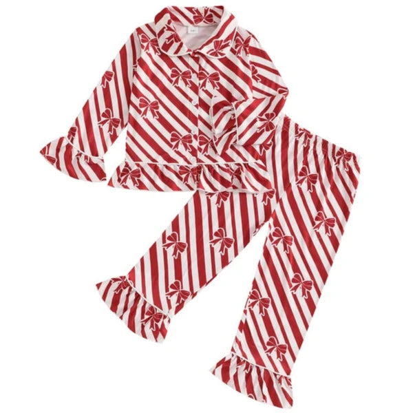 Candy Cane Stripes & Bows Ruffles Pajamas - PREORDER