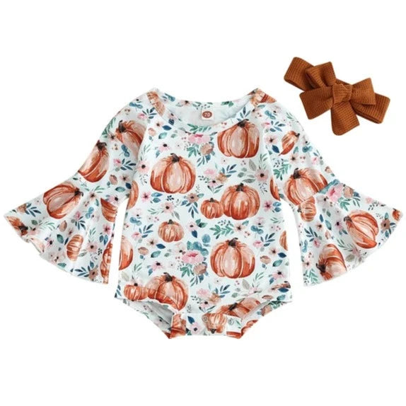 Greenery Floral Pumpkins Romper & Bow - PREORDER