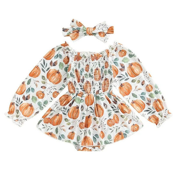 Greenery Pumpkins Romper Dress & Bow - PREORDER