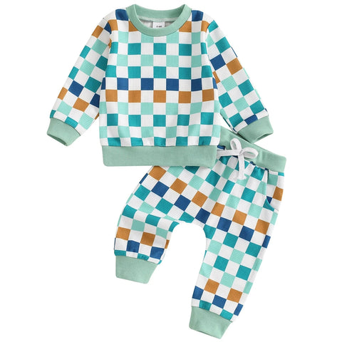 Blue Checkered Waffle Jogger Outfit - PREORDER