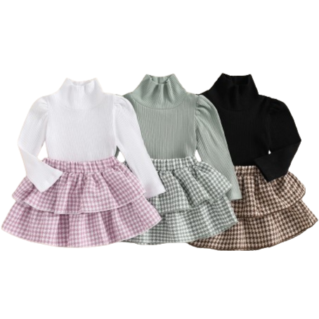 Turtleneck Houndstooth Skirt Outfits (3 Colors) - PREORDER