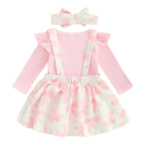 Baby Pink Bows Overalls Outfit Dress & Bow - PREORDER