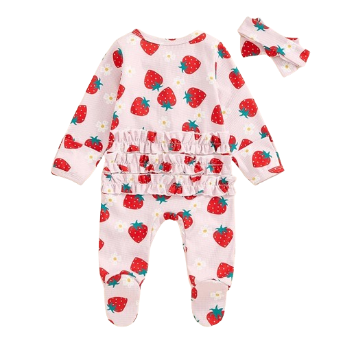 Strawberries & Daisies Waffle Romper & Bow - PREORDER
