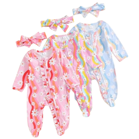 Groovy Daisies Ruffle Zipper Footie Rompers & Bows (3 Colors) - PREORDER