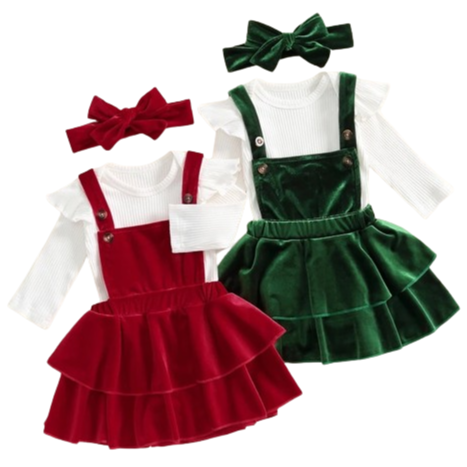 Velvet Overalls Outfit Dresses & Bows (2 Colors) - PREORDER