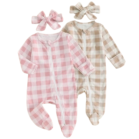 Checkered Waffle Ruffle Footie Rompers & Bows (2 Colors) - PREORDER