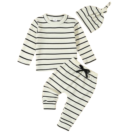 Black & White Stripes Waffle Outfit & Hat - PREORDER