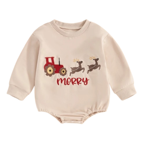 Merry Tractor Ride Embroidered Romper - PREORDER