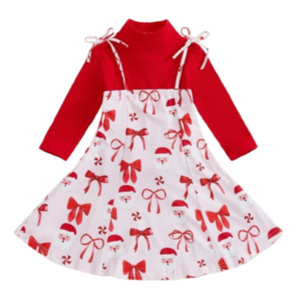 Santas & Big Red Christmas Bows Turtleneck Outfit Dress - PREORDER