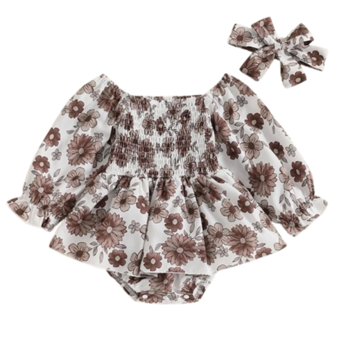 Neutral Floral Romper Dress & Bow - PREORDER