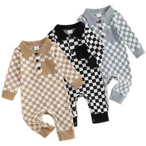 Checkered Ribbed Collar Pants Rompers (3 Colors) - PREORDER