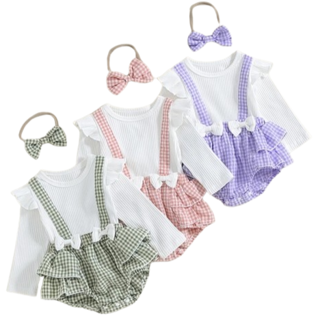 Solid Plaid Overall Ruffles Rompers & Bows (3 Colors) - PREORDER