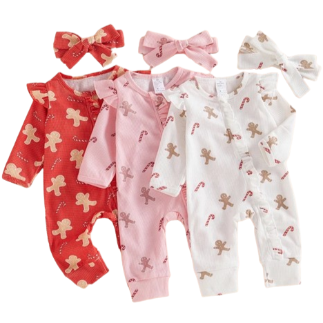 Gingerbreads & Candy Canes Waffle Zipper Rompers & Bows (3 Colors) - PREORDER