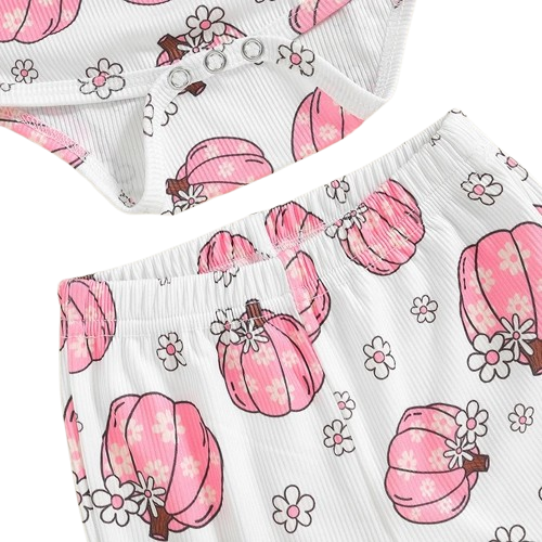 Pink Daisies Pumpkins Ribbed Bells Outfit & Bow - PREORDER