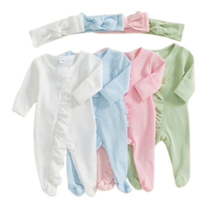 Solid Waffle Ruffle Footie Rompers & Bows (4 Colors) - PREORDER