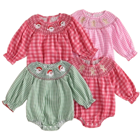 Plaid Smocked Santas & Gingerbreads Embroidered Romper - PREORDER