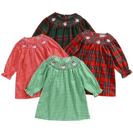 Plaid Smocked Santas Dresses (4 Colors) - PREORDER