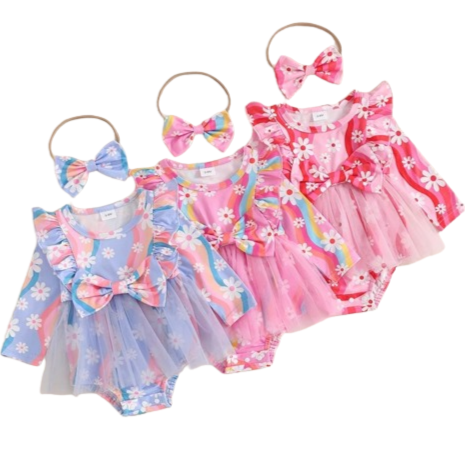 Groovy Daisies Tutu Romper Dresses & Bows (3 Colors) - PREORDER