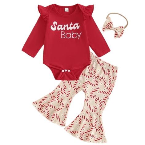 Santa Baby Candy Canes & Daisies Bells Outfit & Bow - PREORDER