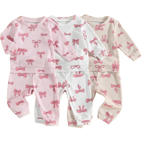 Pretty Pink Bows Waffle Pants Outfits (3 Colors) - PREORDER