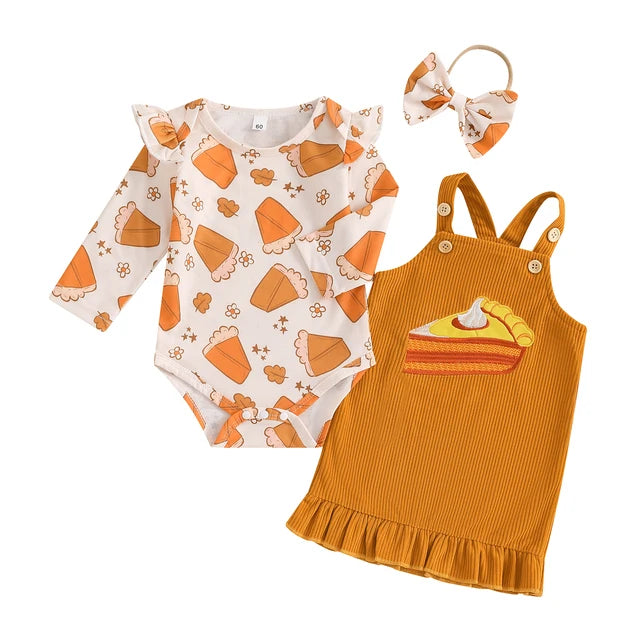 Pumpkin Pies & Fall Leaves Overalls Outfit Dress & Bow - PREORDER