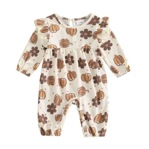 Fall Pumpkins & Daisies Ribbed Pants Romper - PREORDER