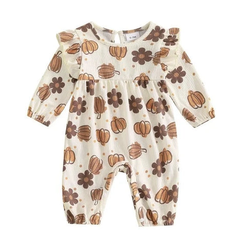 Fall Pumpkins & Daisies Ribbed Pants Romper - PREORDER