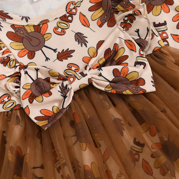 Gobble Turkeys & Leaves Tutu Romper Dress & Bow - PREORDER