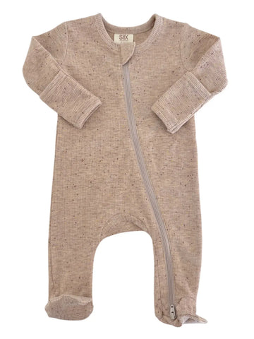 Speckle Zip Footie Romper | Tan - PREORDER