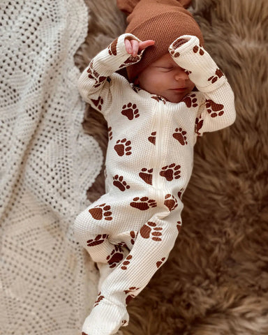 Waffle Zip Footie Romper | Bear Paw - PREORDER