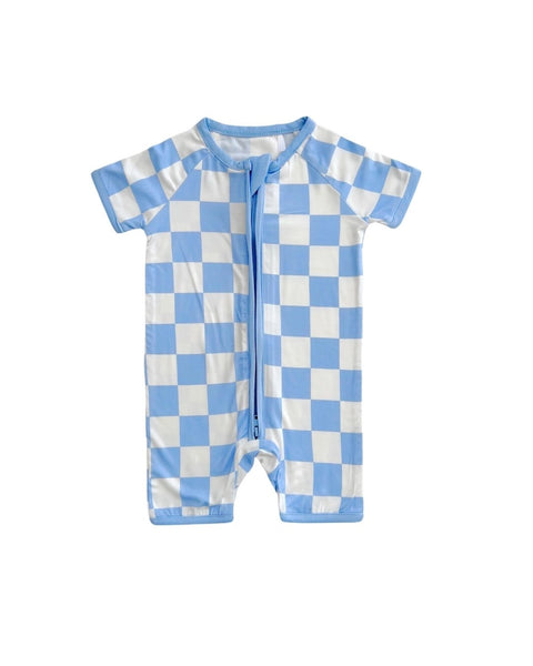 Checkered Bamboo Shorty Romper | Blue - PREORDER