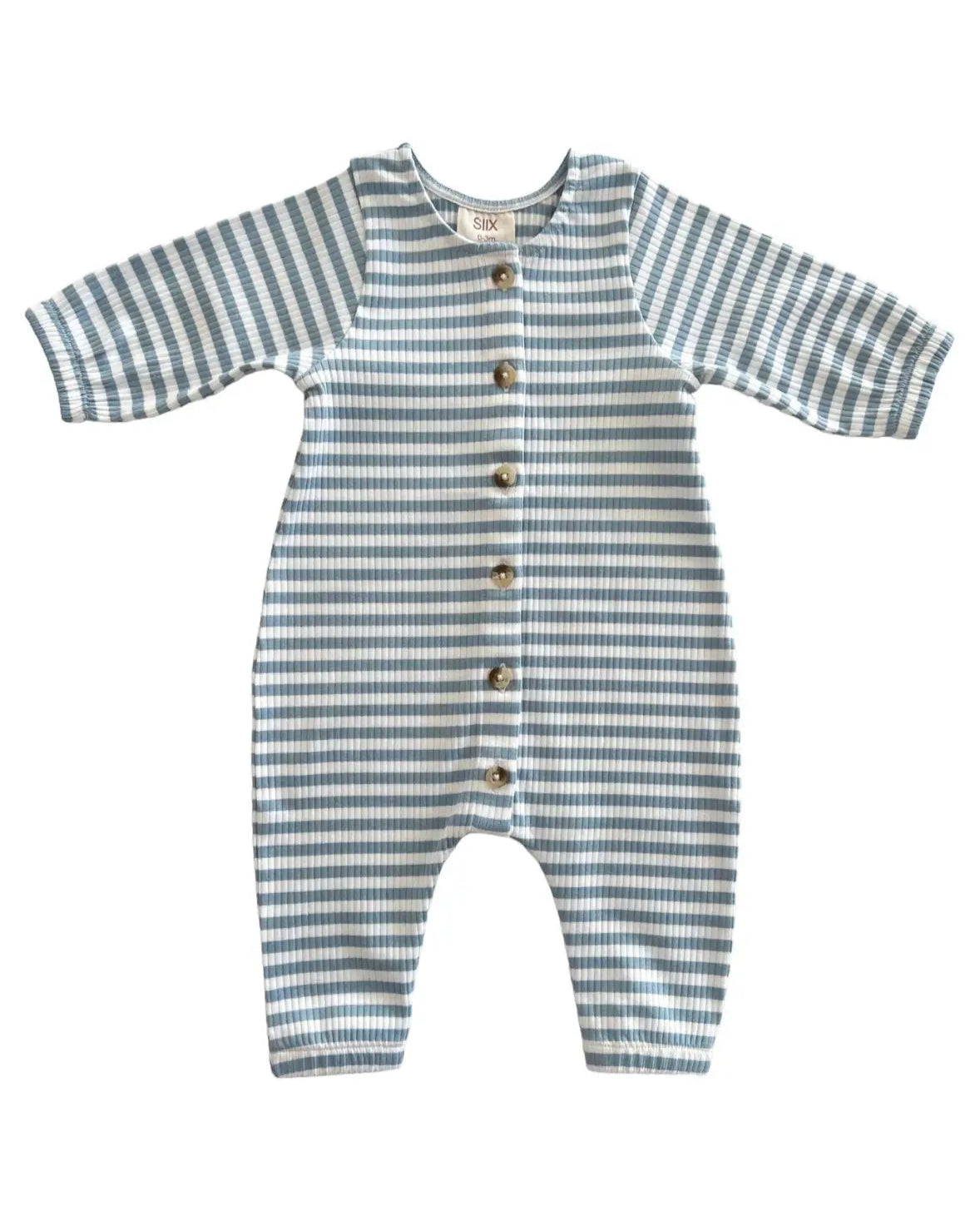 Ribbed Long Sleeve Jumpsuit | Dusty Blue Stripes - PREORDER