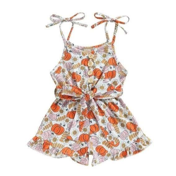 Floral Pumpkins Tie Shorts Ruffle Romper - PREORDER