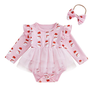 Pink Snowmen Tutu Romper Dress & Bow - PREORDER