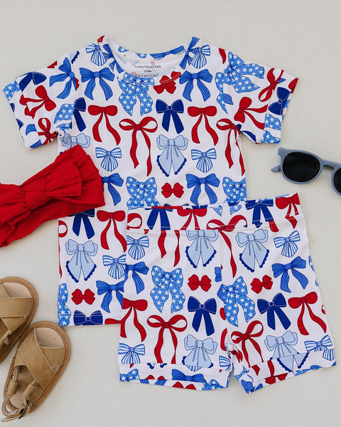 Bamboo Top & Shorts Set | Red-White & Bows - PREORDER