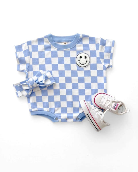 Checkered Smiley Short Sleeve Bubble Romper | Blue - PREORDER