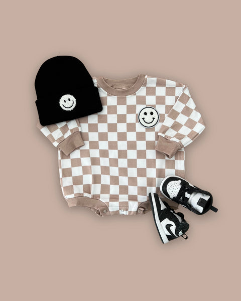 Checkered Smiley Long Sleeve Bubble Romper | Latte - PREORDER