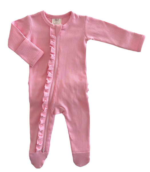 Ribbed Zip Ruffle Footie Romper | Pink - PREORDER