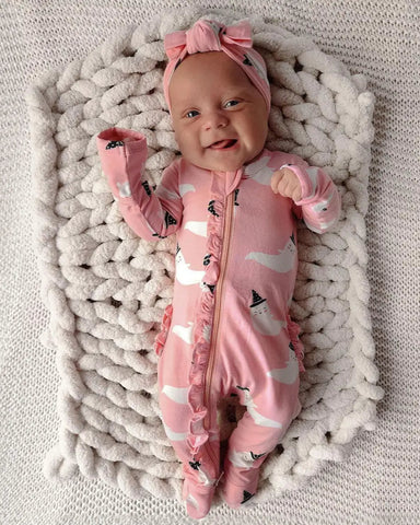 Zip Ruffle Footie Romper | Pink Ghost - PREORDER