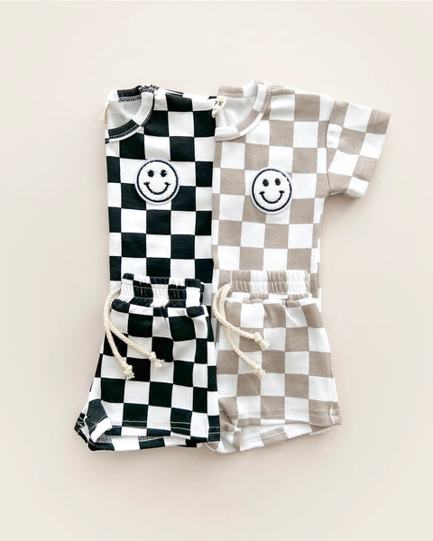 Checkered Smiley Top & Shorts Set | Black - PREORDER