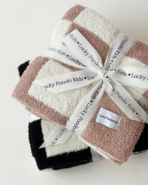 Checkered Plush Baby Blanket | Latte - PREORDER