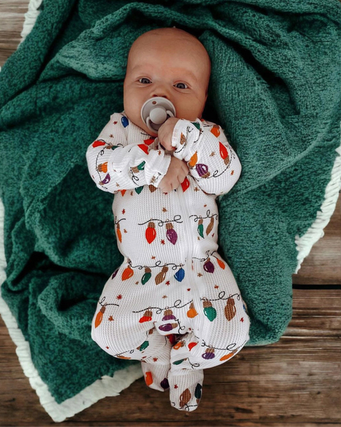 Waffle Zip Footie Romper | Christmas Lights - PREORDER