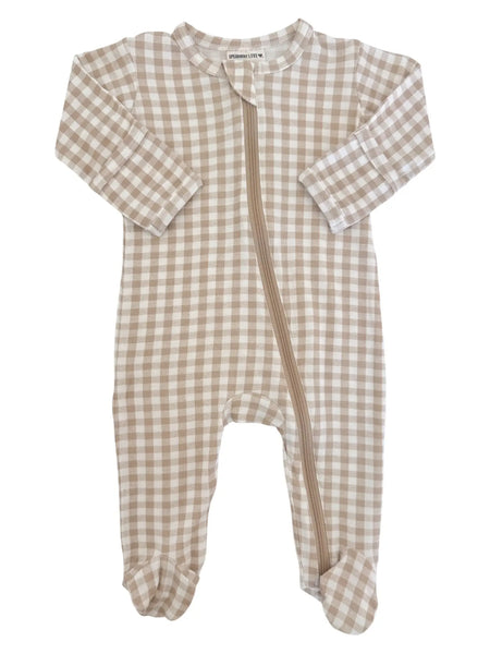 Zip Footie Romper | Tan Gingham - PREORDER